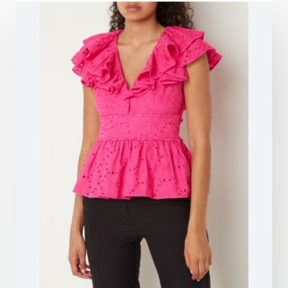 Ted Baker Mazieh Broderie top XS Pink ruffle sleeves NWT